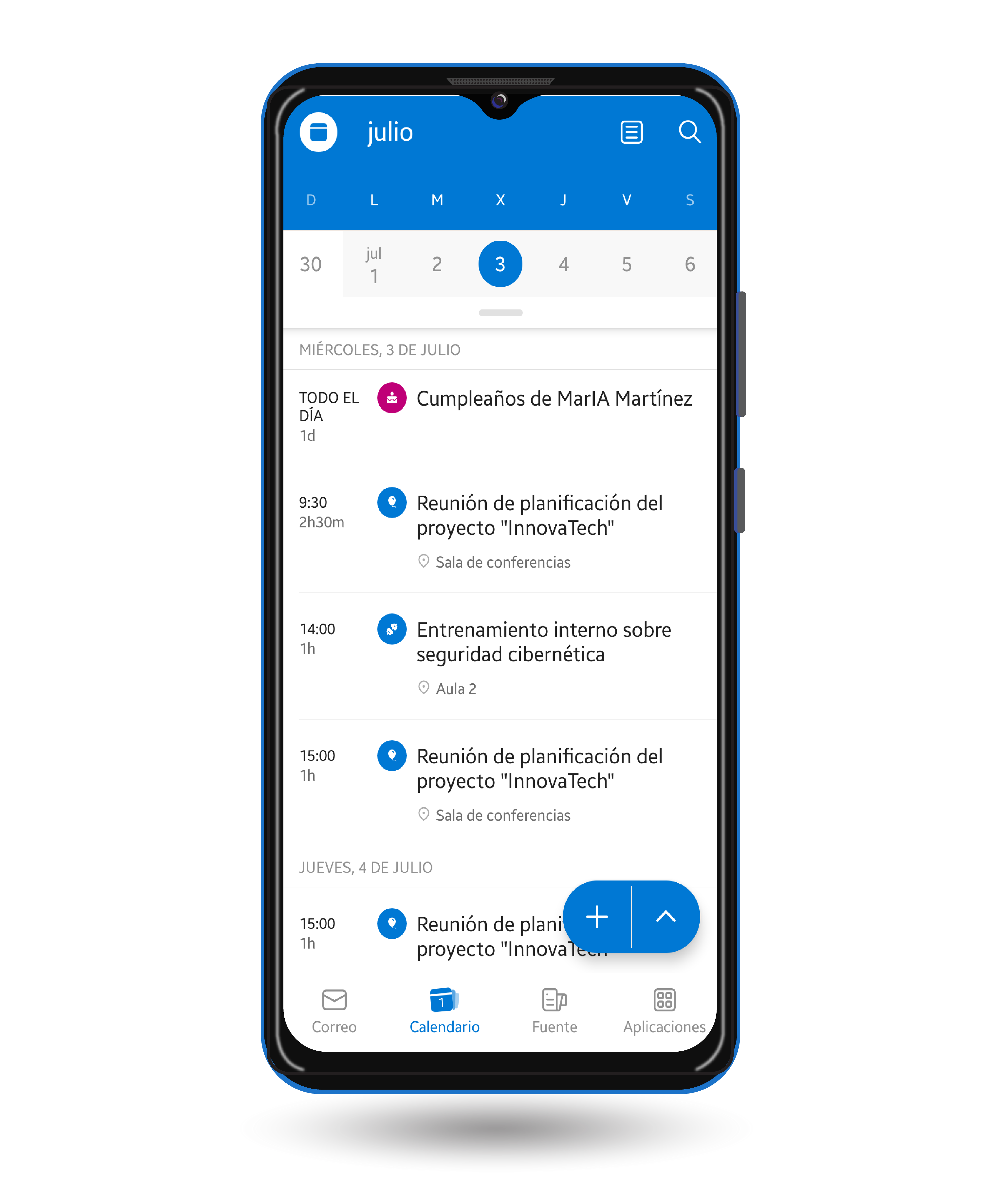 Captura de pantalla simulada de Outlook en un móvil Android